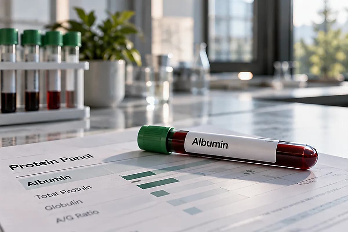 Albumin blood test tube beside a protein panel report on a modern laboratory desk.