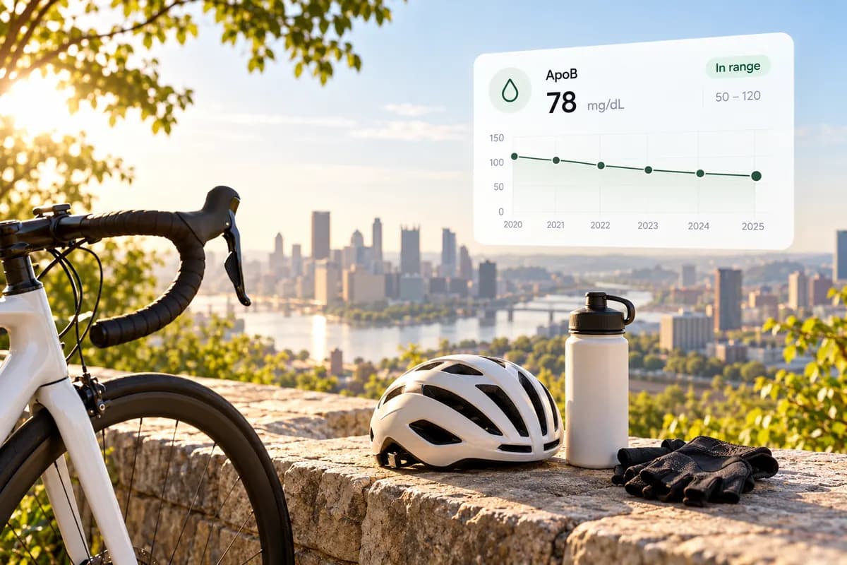 ApoB biomarker trend card beside a bicycle, helmet and water bottle at a sunlit scenic overlook.