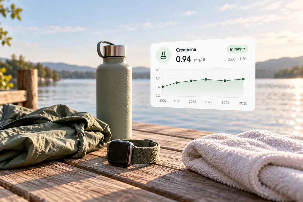 Creatinine result trend beside a water bottle and outdoor recovery accessories by a sunlit lake.