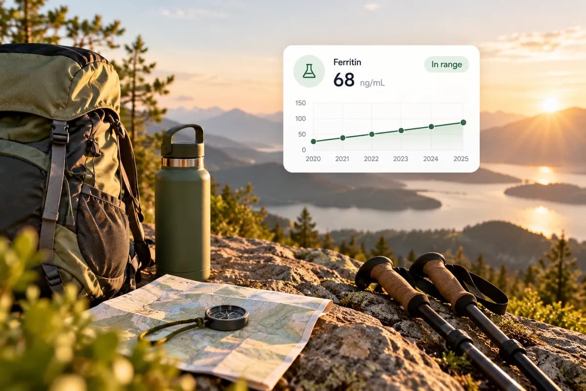 Ferritin trend graph above hiking gear and a mountain lake at golden hour.