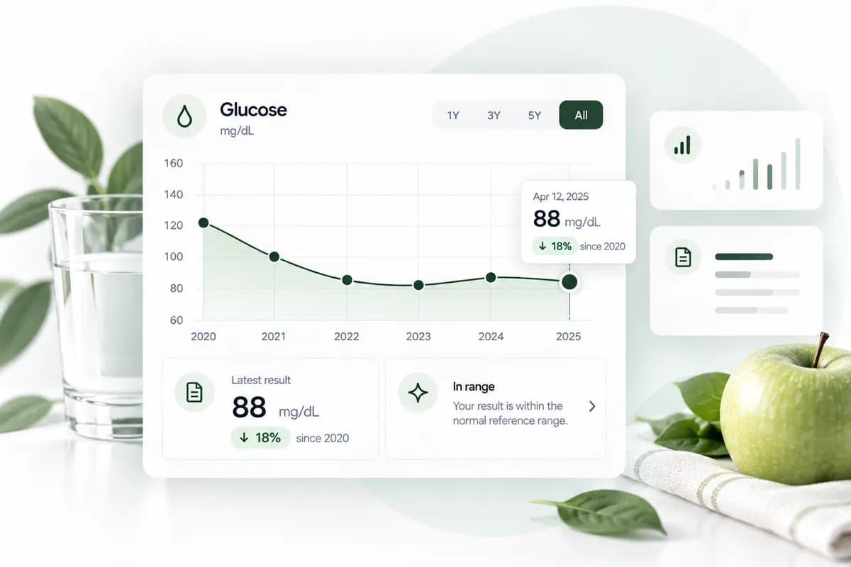 Glucose blood test trend visualization with a green blood sugar chart and minimal medical dashboard cards.