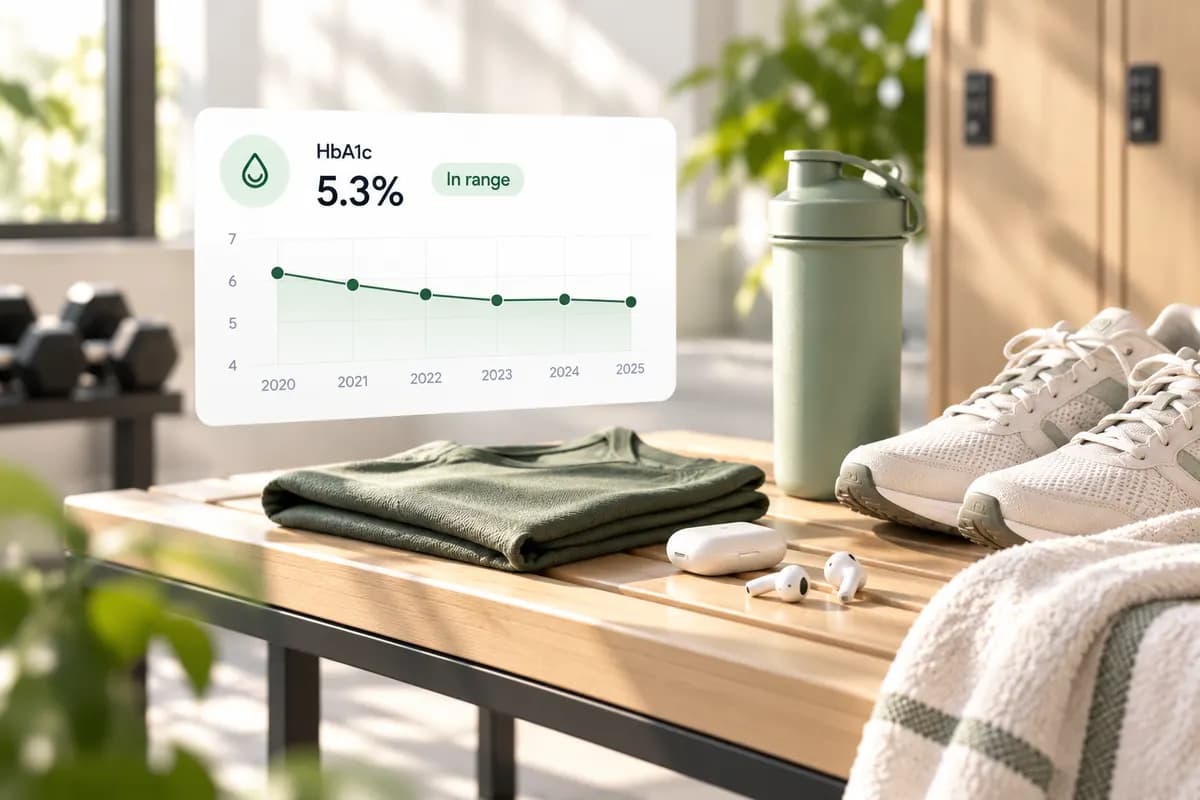HbA1c result illustration beside exercise equipment and a water bottle in a bright fitness setting.