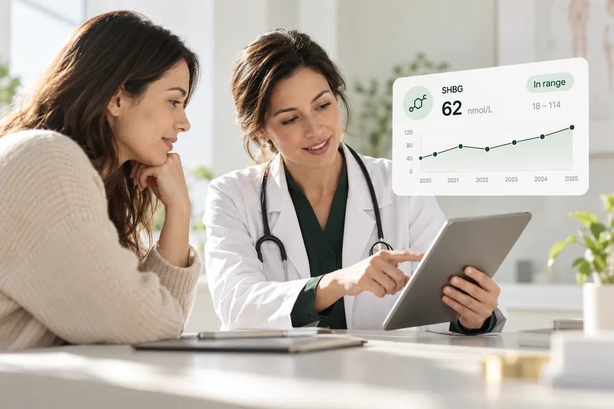 Doctor discussing SHBG blood test results with a patient beside a tablet and hormone trend card.