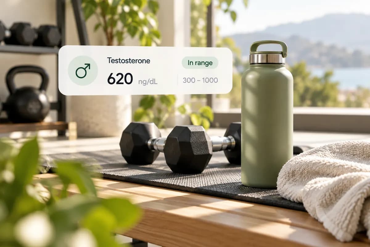 Testosterone result card among workout shoes, a water bottle and training accessories in a bright fitness room.