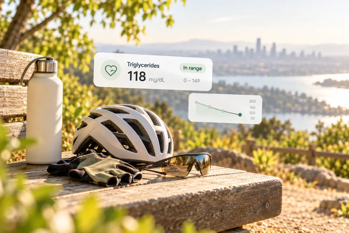 Triglycerides test result card beside cycling equipment at an outdoor mountain viewpoint.