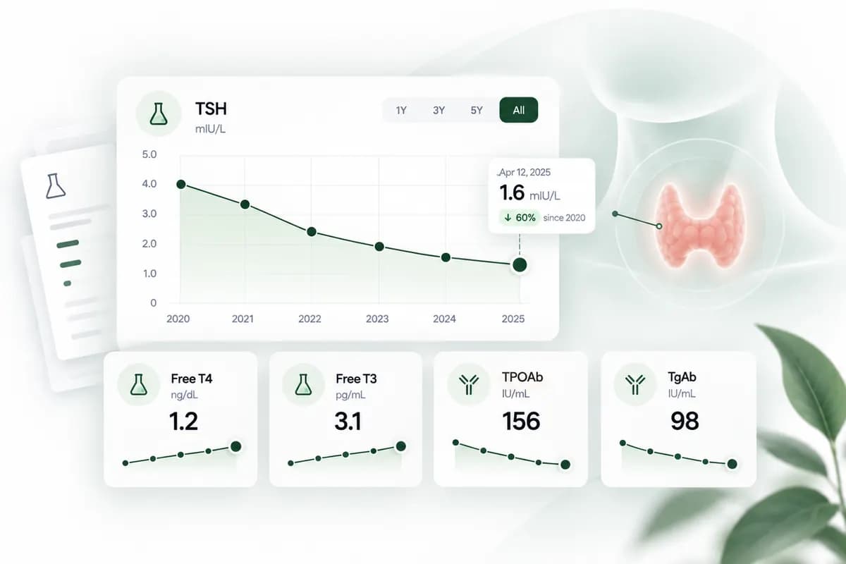 TSH blood test trend graph with a thyroid anatomy illustration and additional hormone result cards.