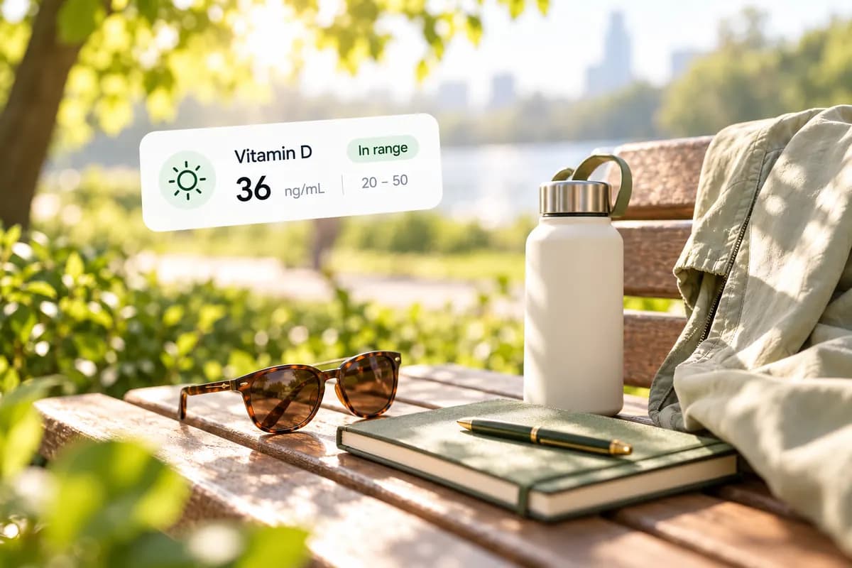 Vitamin D result card above a water bottle, sunglasses and notebook on a sunlit park bench.