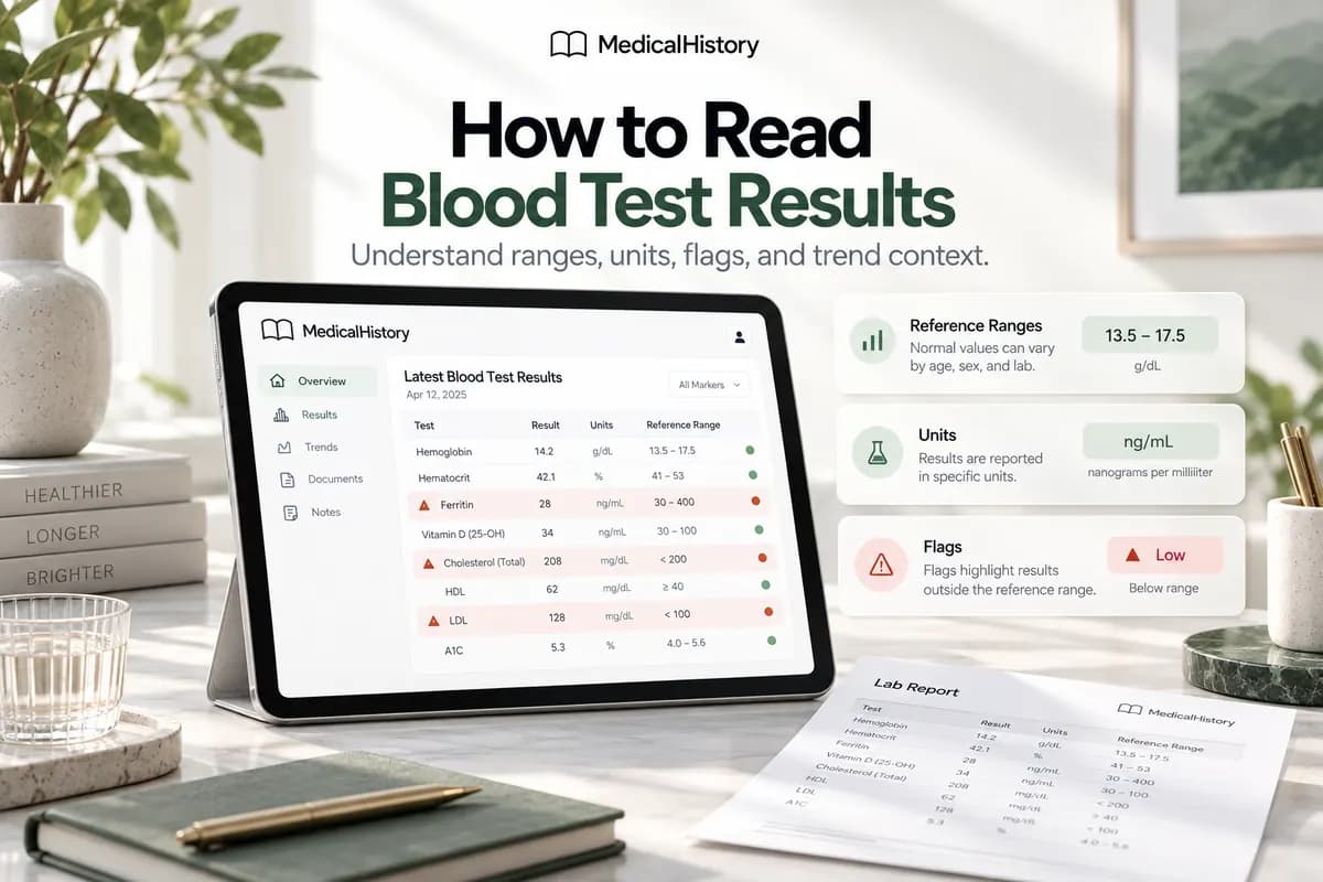 How to read blood test results guide showing a tablet with lab values, reference ranges and flagged results.