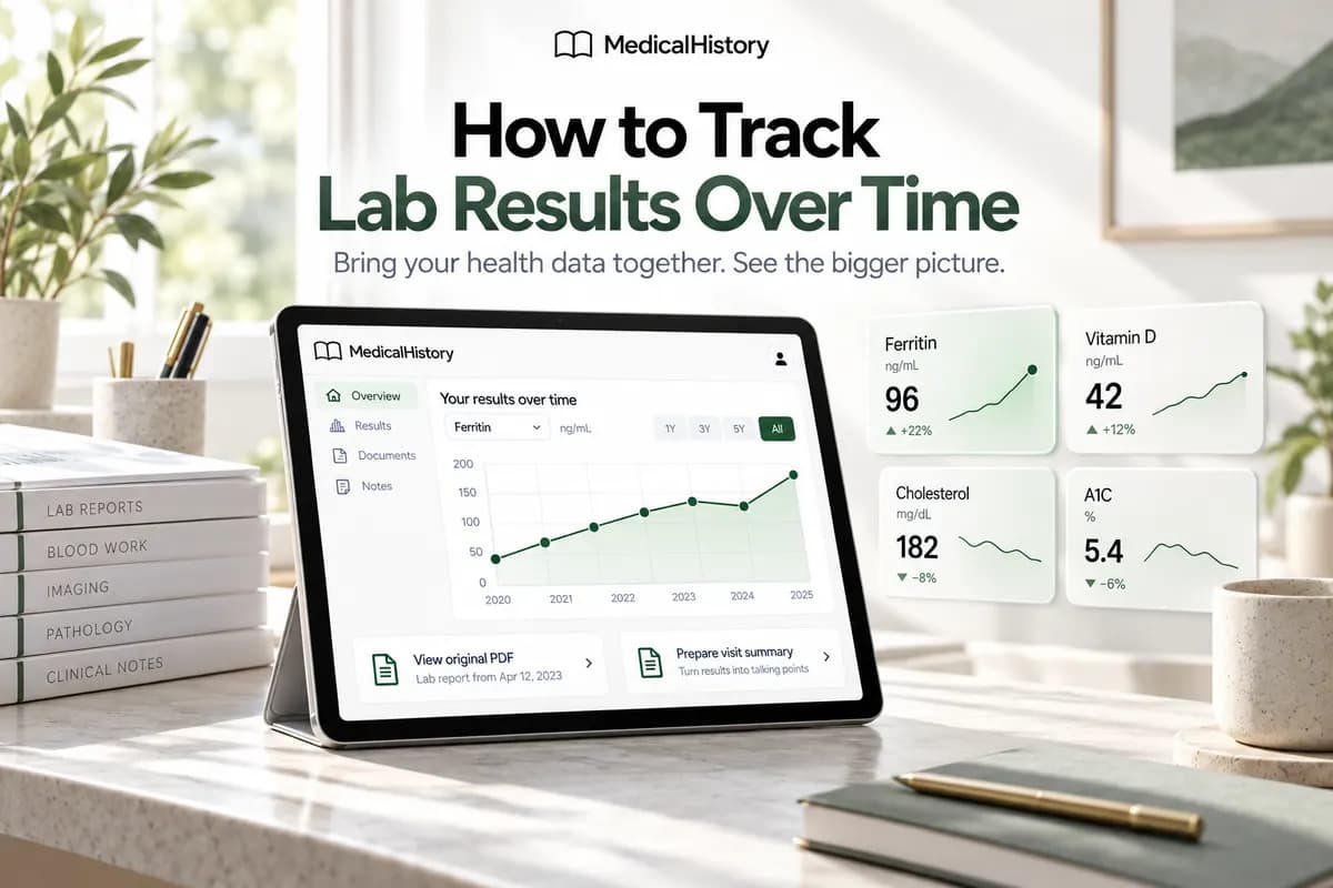 MedicalHistory lab results tracker guide with a tablet displaying biomarker trends and historical lab reports.