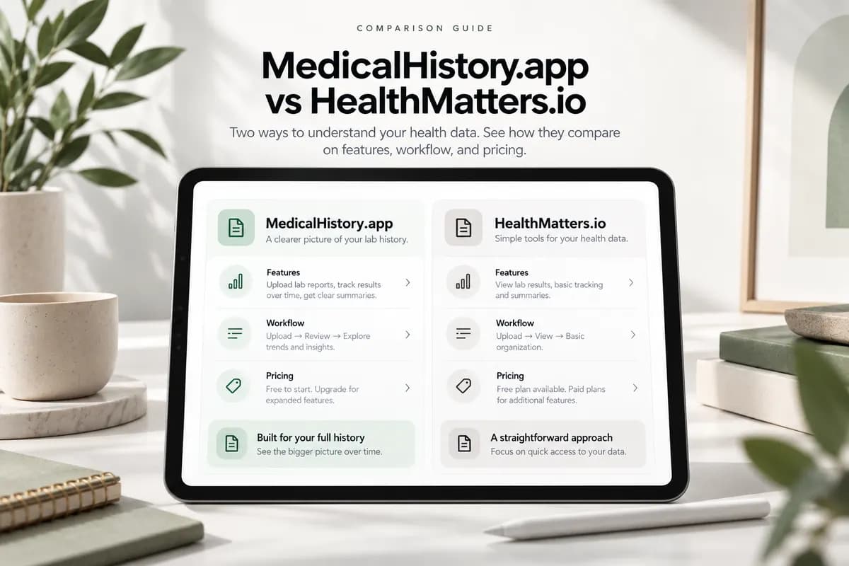 MedicalHistory versus HealthMatters comparison article image showing side-by-side interface and workflow cards.