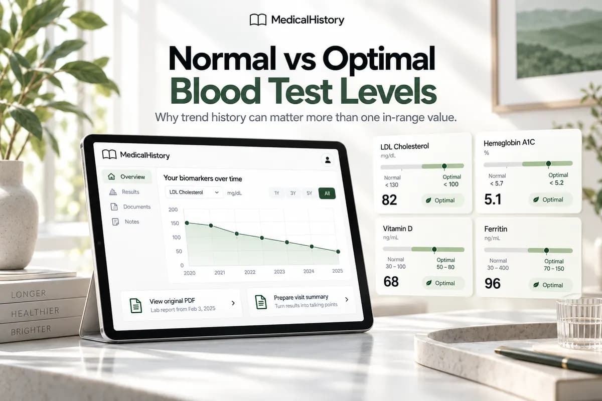 Normal versus optimal blood test levels article image with a tablet showing lab trends and illustrated reference range cards.