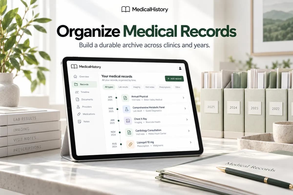 Organize medical records guide with a tablet showing a chronological record list beside labeled archive folders.