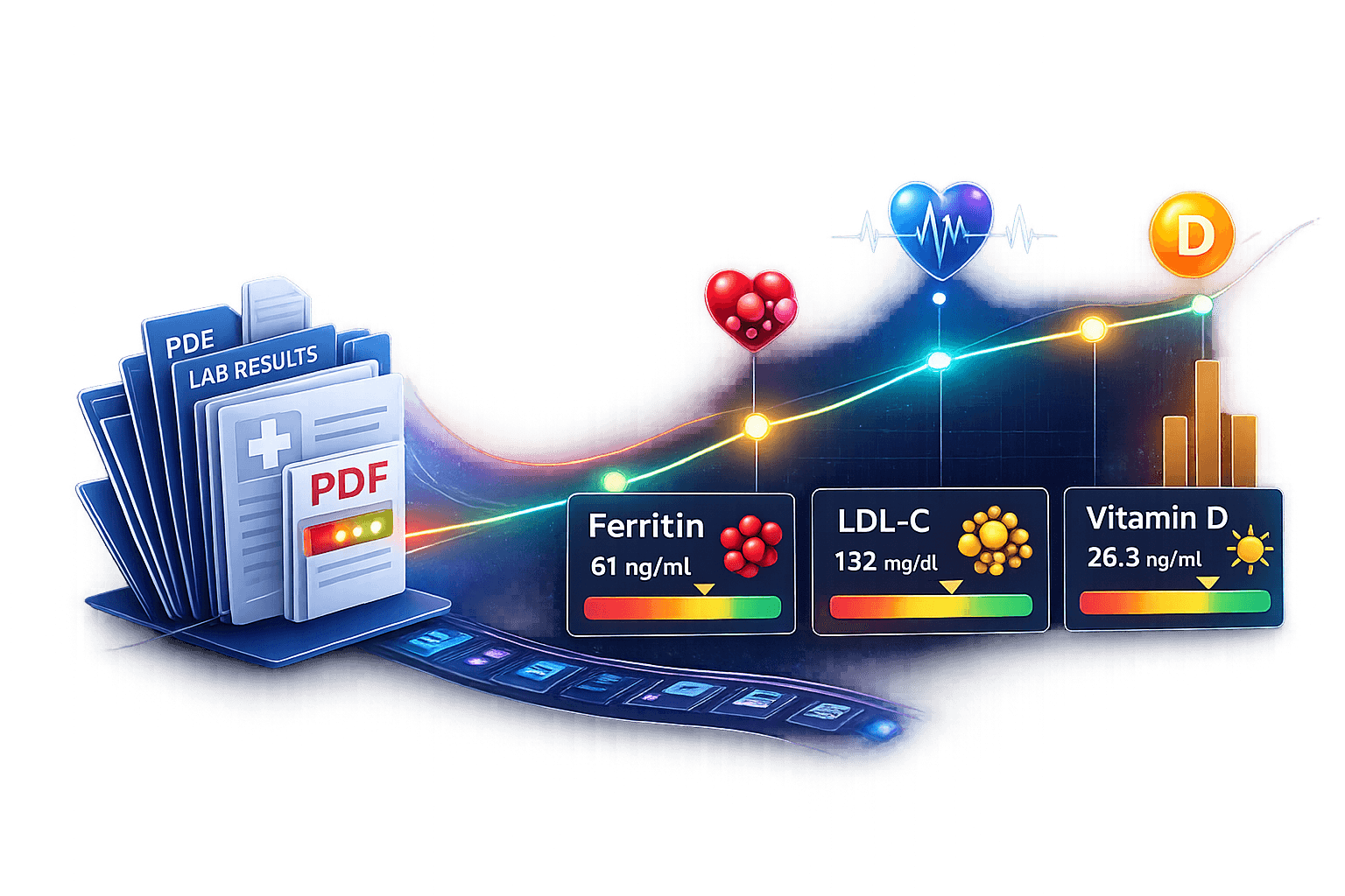 Biomarker timeline cards showing ferritin, LDL, and vitamin D trends