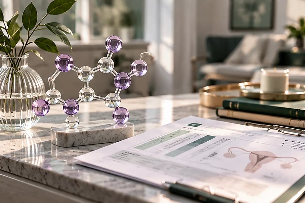 Estradiol endocrine lab report beside a decorative molecular model and notebook in a calm medical workspace.