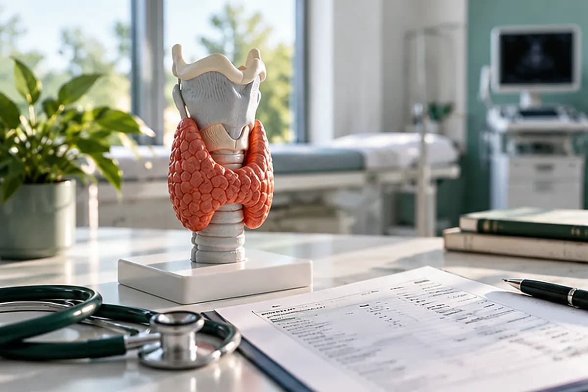 Anatomical thyroid model and endocrine laboratory report in a softly lit consultation room.