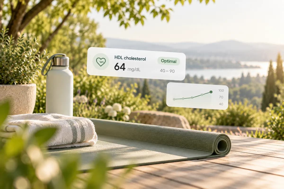 HDL cholesterol trend card set against a calm outdoor wellness scene with water and exercise accessories.
