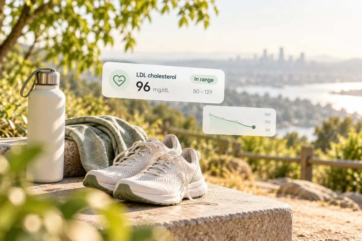 LDL cholesterol result graph with running shoes and an outdoor wellness backdrop.