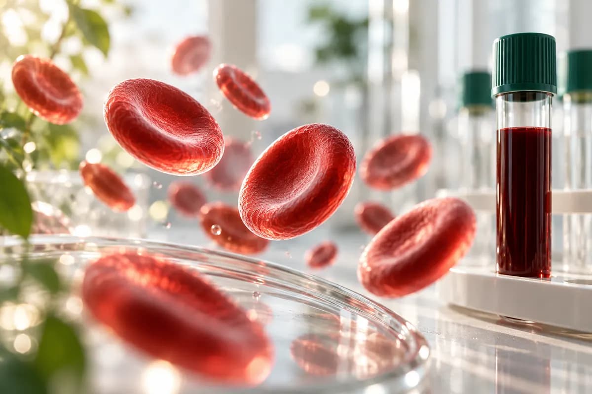 Detailed red blood cell illustration beside a blood sample tube in a bright laboratory scene.