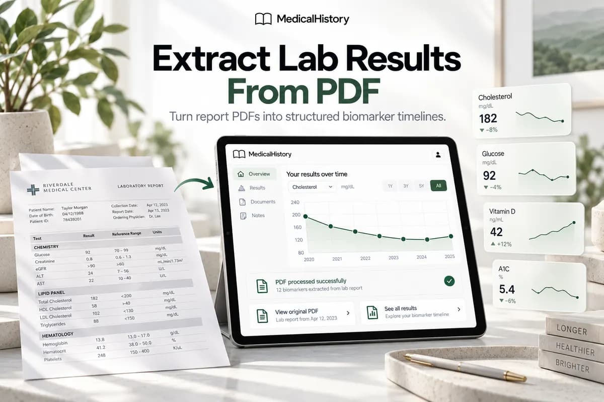 Extract lab results from PDF guide showing a printed blood test report alongside a tablet with organized biomarker data.