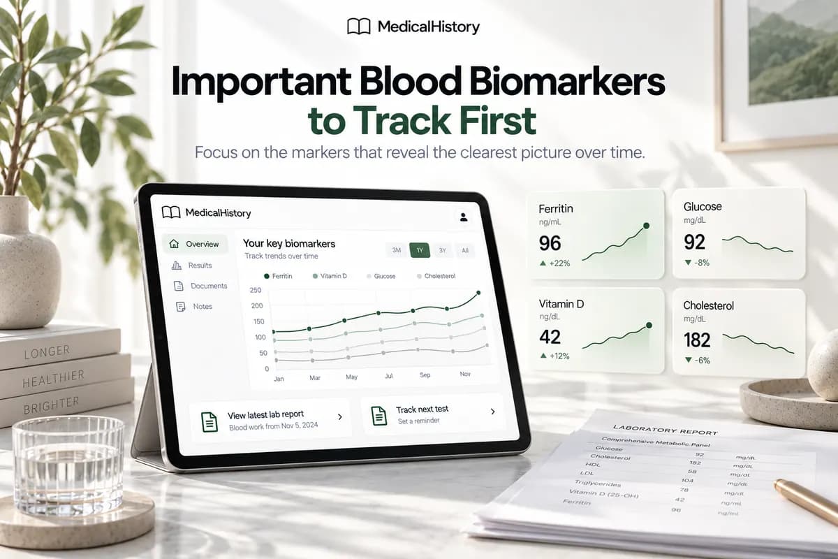 Important blood biomarkers guide with a tablet showing ferritin, glucose, vitamin D and cholesterol trend cards.